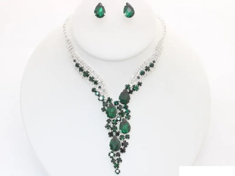 Silver Necklace Set Clear Green Stones ( 14029 SGN ) sold by Oh My Jewelry