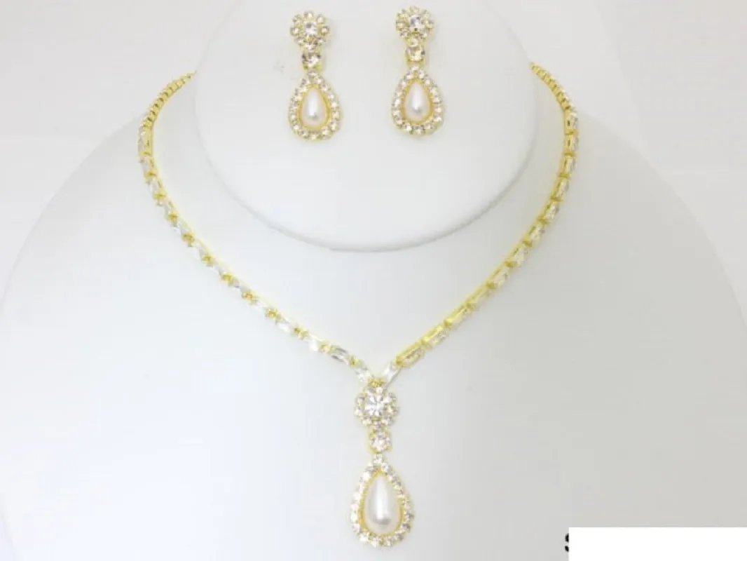 Gold Necklace Set Clear Stones CREAM PEARL ( 19892G ) sold by Oh My Jewelry
