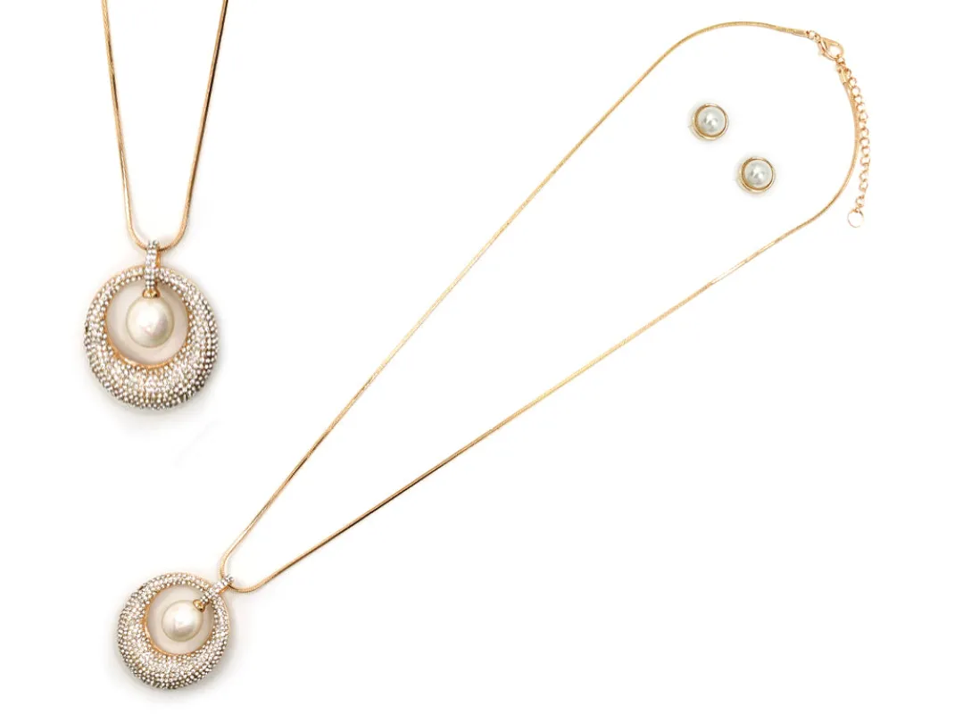 Gold Necklace Set Pearl Clear Stones ( 7872 GDCRY ) sold by Oh My Jewelry