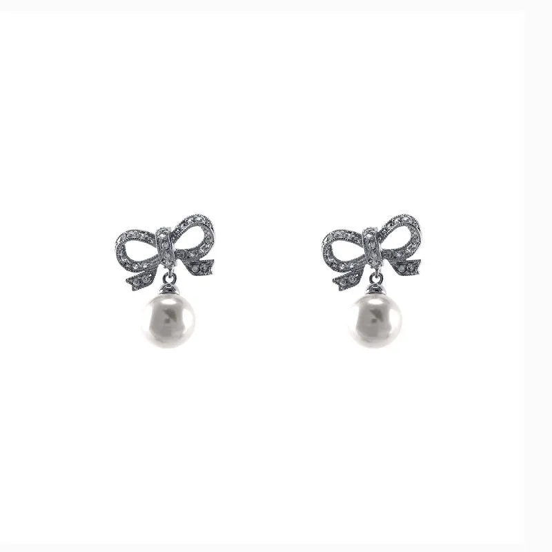 1.15" SILVER CUBIC ZIRCONIA BOW CZ DANGLING PEARL EARRLINGS ( 1354 S ) sold by Oh My Jewelry