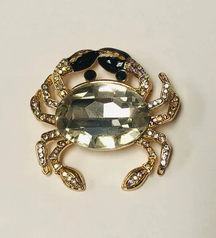 Gold Crab Brooch Clear Stones ( 1336 GCL ) made by Oh My Jewelry