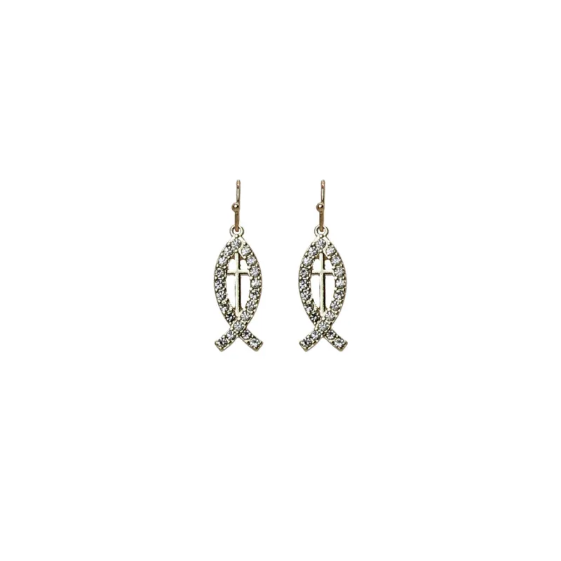 Gold Cross Jesus Fish Clear Stones Earrings ( 28145 CRG ) sold by Oh My Jewelry