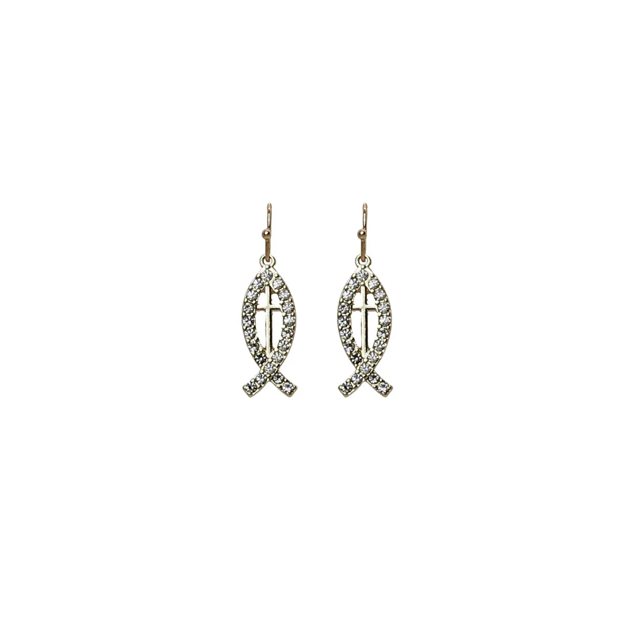 Gold Cross Jesus Fish Clear Stones Earrings ( 28145 CRG ) sold by Oh My Jewelry