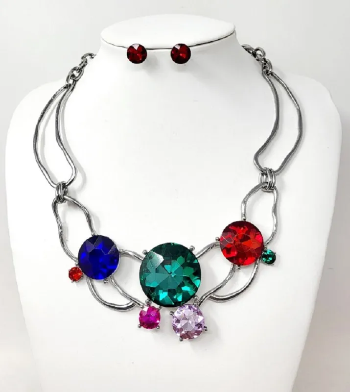 SILVER NECKLACE SET MULTI COLOR STONES ( 10442 RMT ) sold by Oh My Jewelry