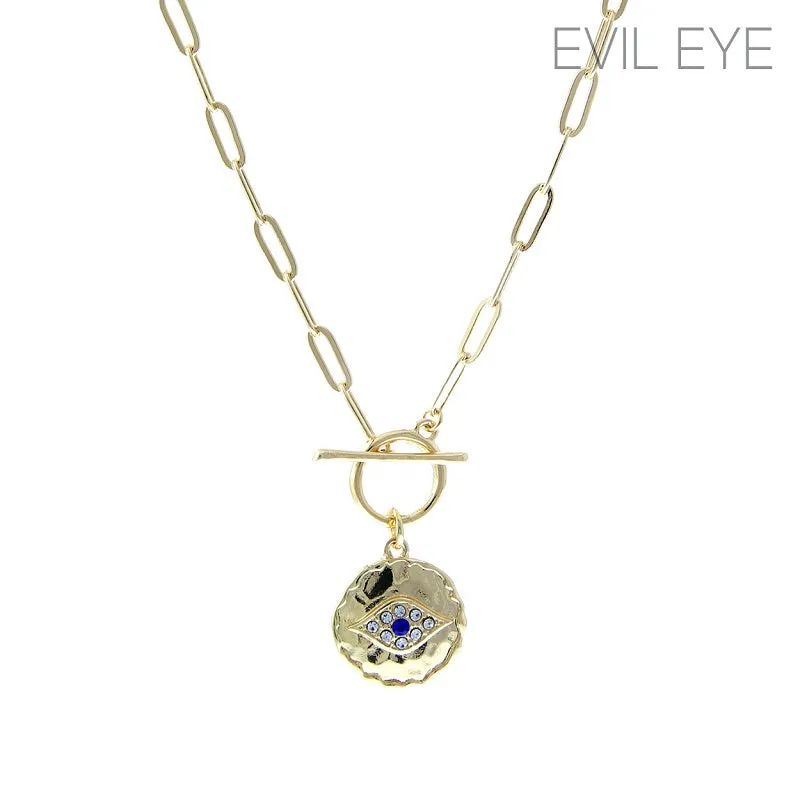 GOLD TOGGLE NECKLACE EVIL EYE CHARM ( 17657 SAG ) sold by Oh My Jewelry