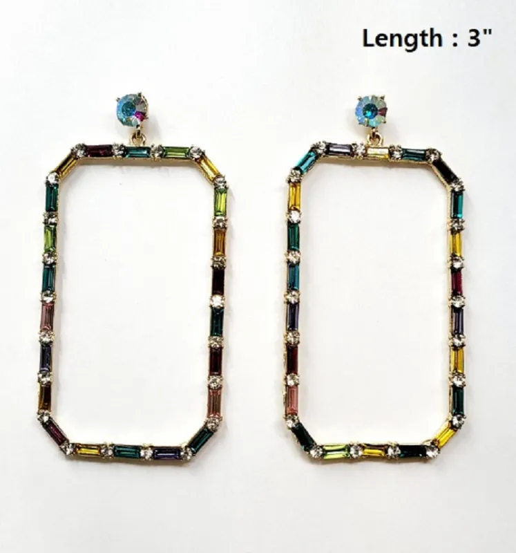 GOLD RECTANGLE EARRINGS MULTI COLOR STONES ( 10204 GMT ) sold by Oh My Jewelry
