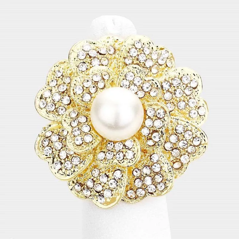 1.5" Gold with Cream Pearl and Clear Rhinestone Flower Stretch Ring ( R1247 ) sold by Oh My Jewelry