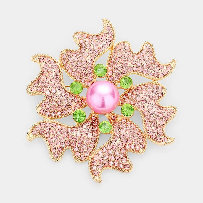 3.25" Gold Pink and Green Rhinestone with Pink Pearl Flower Brooch ( 1331 ) sold by Oh My Jewelry