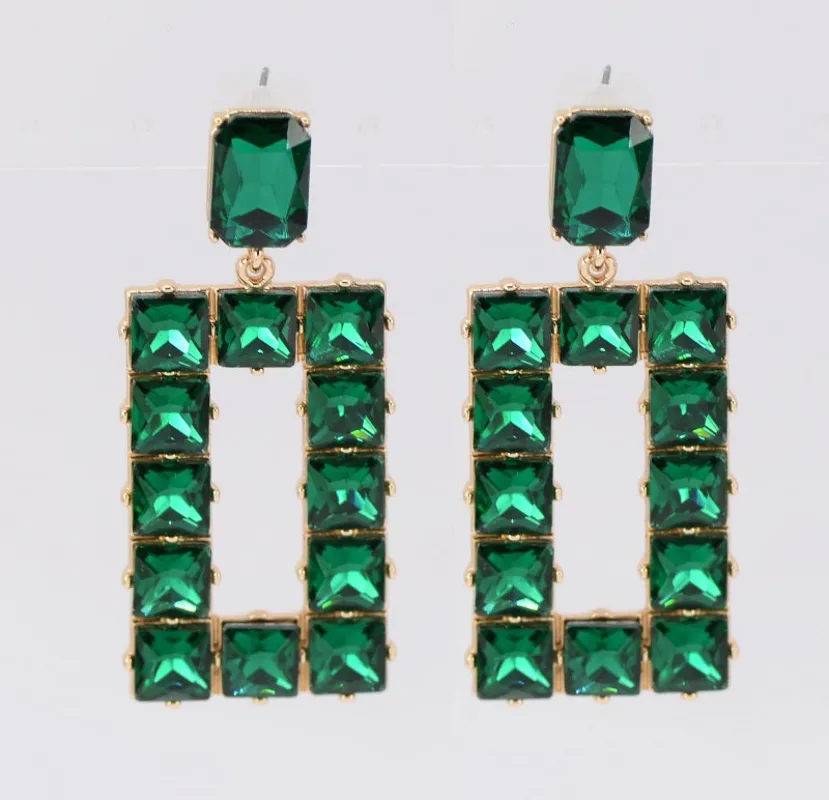 GOLD RECTANGLE EARRINGS GREEN STONES ( 2199 GLEMD ) sold by Oh My Jewelry