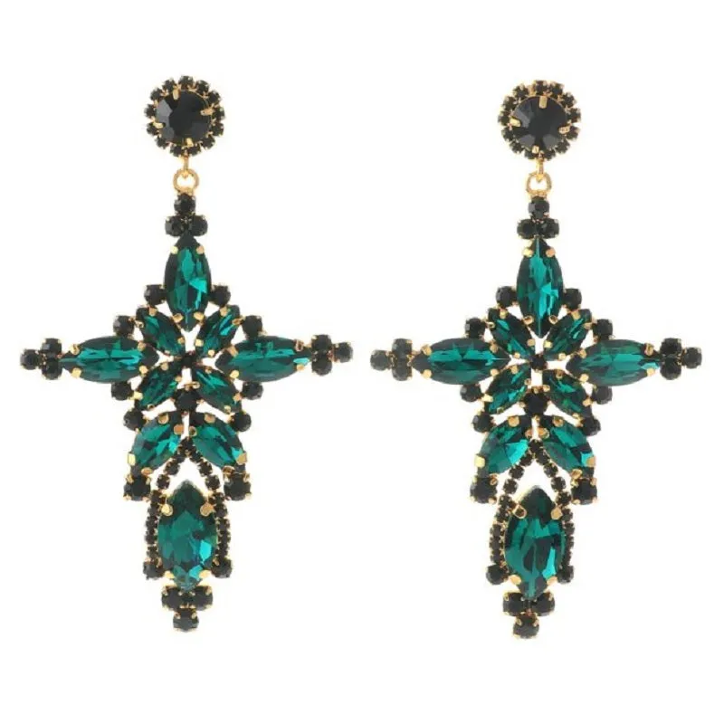 GOLD CROSS EARRINGS GREEN STONES ( 8036 GN ) made by Oh My Jewelry