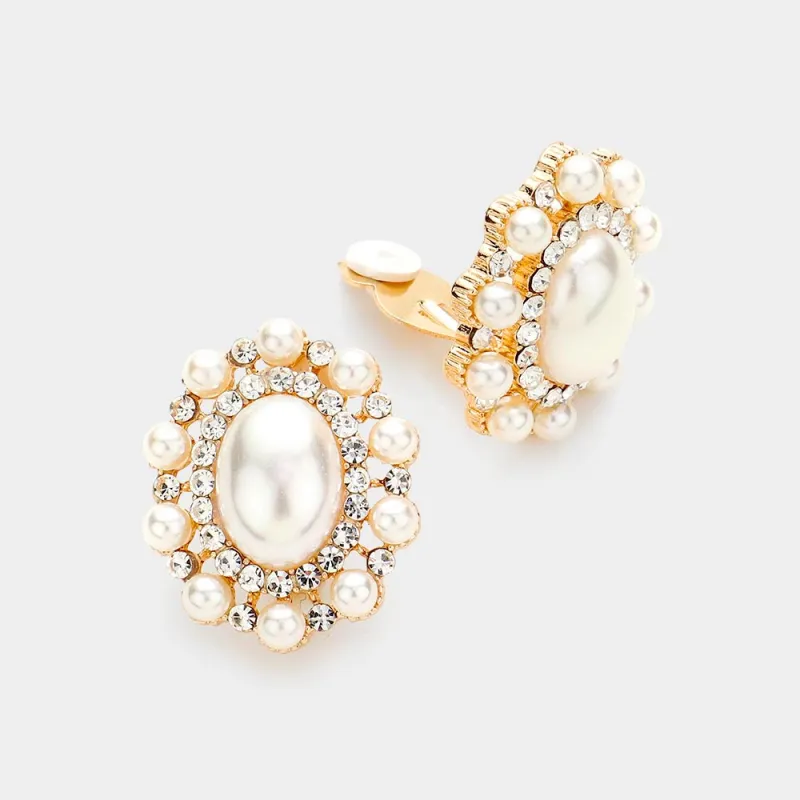 GOLD CLIP ON EARRINGS PEARLS CLEAR STONES ( 193 GCR ) sold by Oh My Jewelry
