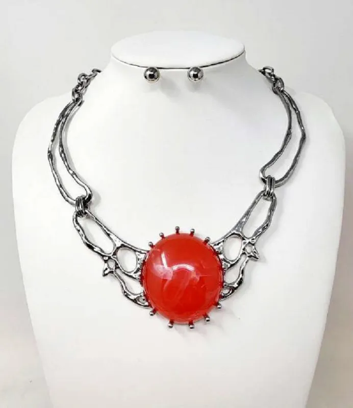 SILVER NECKLACE SET RED STONE ( 10422 RRD ) made by Oh My Jewelry