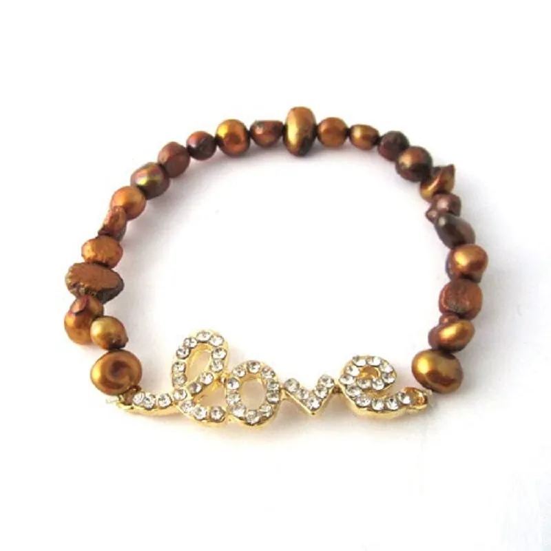 GOLD BROWN STRETCH BRACELET LOVE CLEAR STONES ( 1114 GDCLR ) sold by Oh My Jewelry