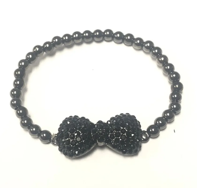 HEMATITE STRETCH BRACELET BOW BLACK STONES ( 1129 BNJET ) sold by Oh My Jewelry