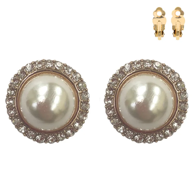 GOLD CLIP ON PEARL EARRINGS CLEAR STONES ( 277 GCR ) sold by Oh My Jewelry