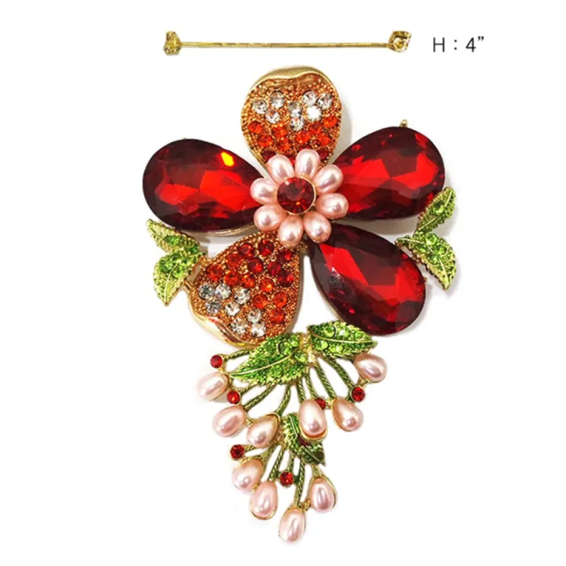 GOLD FLOWER BROOCH RED RHINESTONES ( 11615 GRED ) sold by Oh My Jewelry