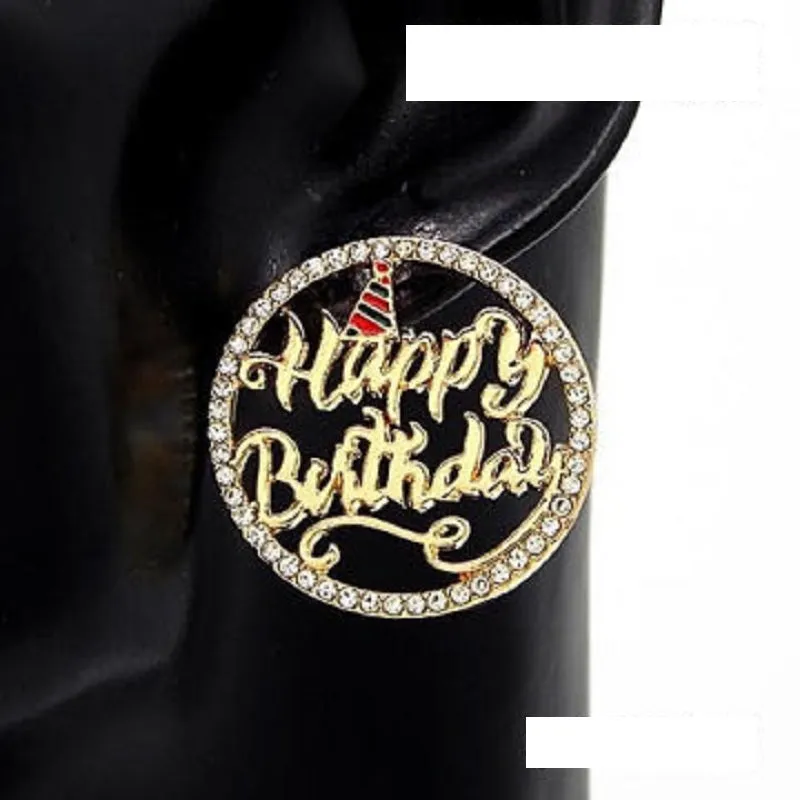 GOLD HAPPY BIRTHDAY EARRINGS CLEAR STONES ( 3383 GDCLR ) sold by Oh My Jewelry