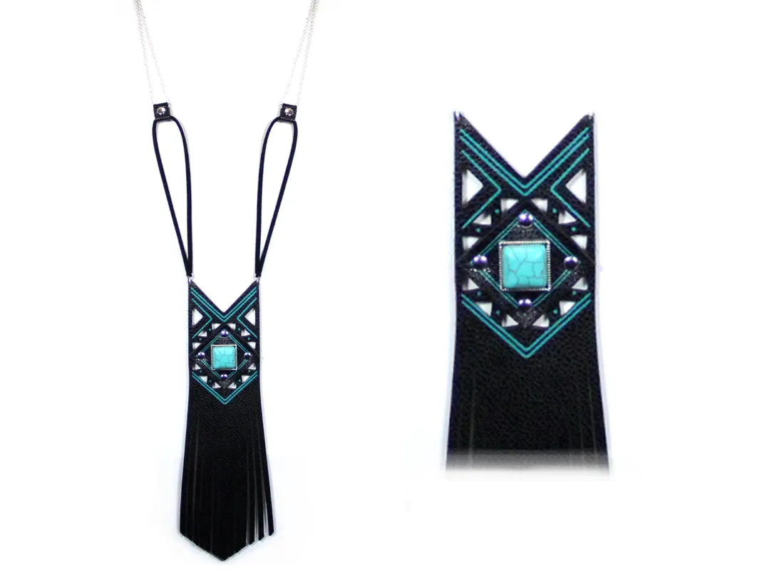 SILVER FAUX BLACK LEATHER NECKLACE TURQUOISE ( 0865 WSJTQ ) sold by Oh My Jewelry