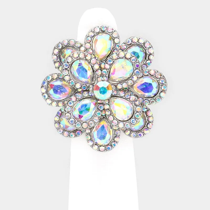 SILVER FLOWER STRETCH RING AB STONES ( 1305 SAB ) sold by Oh My Jewelry