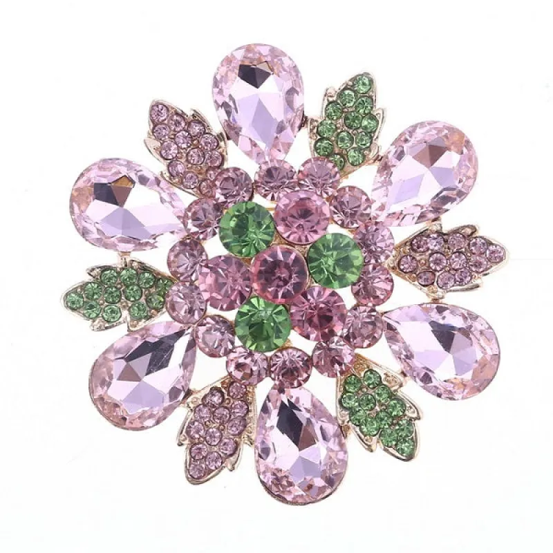 2 1/2" Pink and Green Crystal Brooch with Gold Accents ( 1189 ) made by Oh My Jewelry