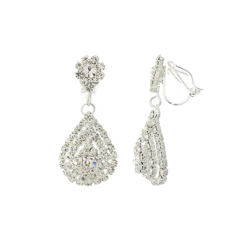 1.5" Inverted Silver Clear Teardrop Rhinestone CLIP ON Formal Wear Earrings ( 23953CR-S ) sold by Oh My Jewelry