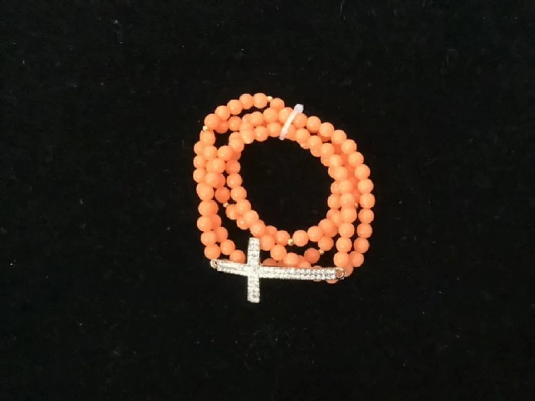 4 Layer Gold CORAL Beaded Stretch Bracelet with Pave Cross ( 1124 GDCRL ) sold by Oh My Jewelry