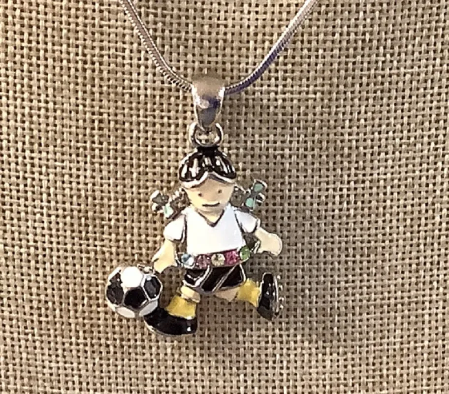 RHODIUM PLATED ENAMEL MULTI COLOR RHINESTONE SOCCER GIRL CHARM NECKLACE ( 8297 ) sold by Oh My Jewelry