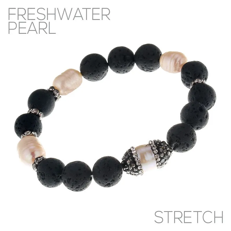 BLACK STRETCH BRACELET LAVA BEADS WHITE PEARLS CLEAR STONES ( 83469 JTBN ) sold by Oh My Jewelry
