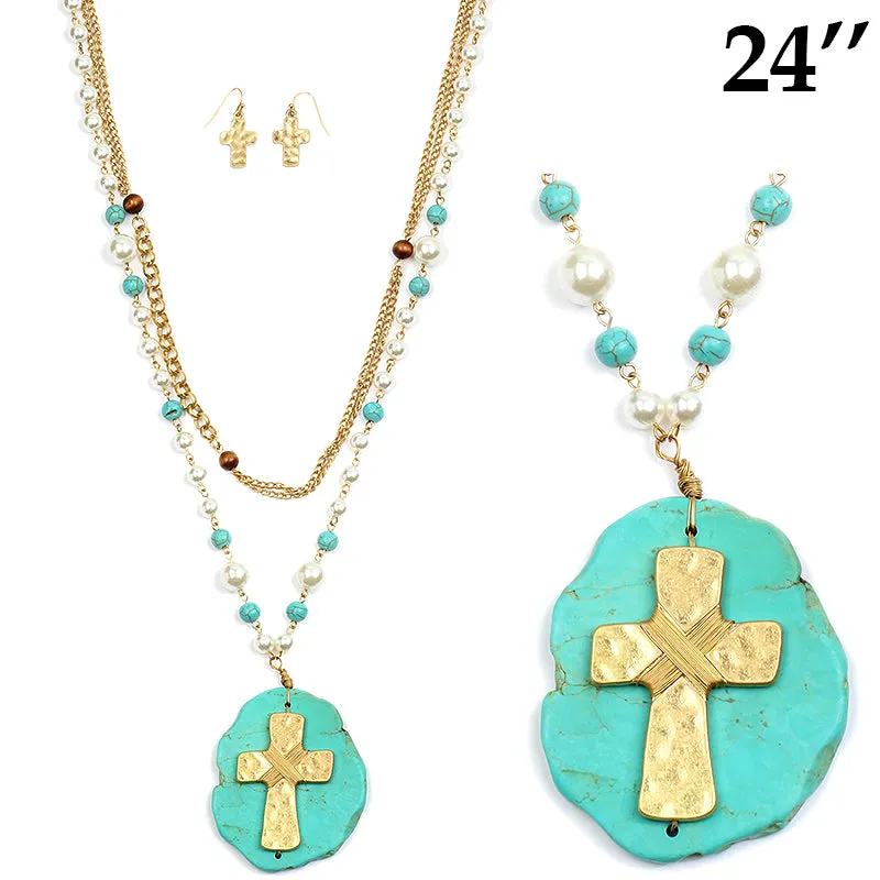 LONG GOLD CROSS NECKLACE SET TURQUOISE STONE ( 1053 WGTQS ) sold by Oh My Jewelry