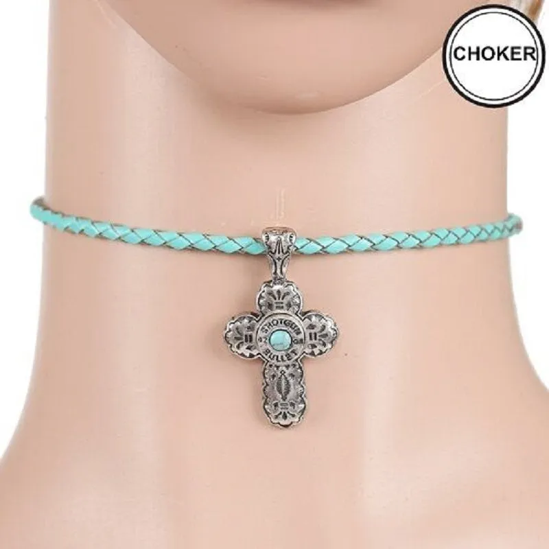 TURQUOISE LEATHER CHOKER WITH SILVER CROSS CHARM ( 0252 ) sold by Oh My Jewelry