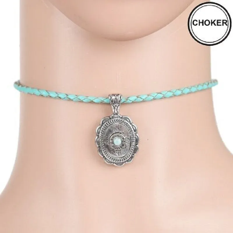 TURQUOISE LEATHER CHOKER WITH SILVER OVAL CHARM ( 0253 ) sold by Oh My Jewelry