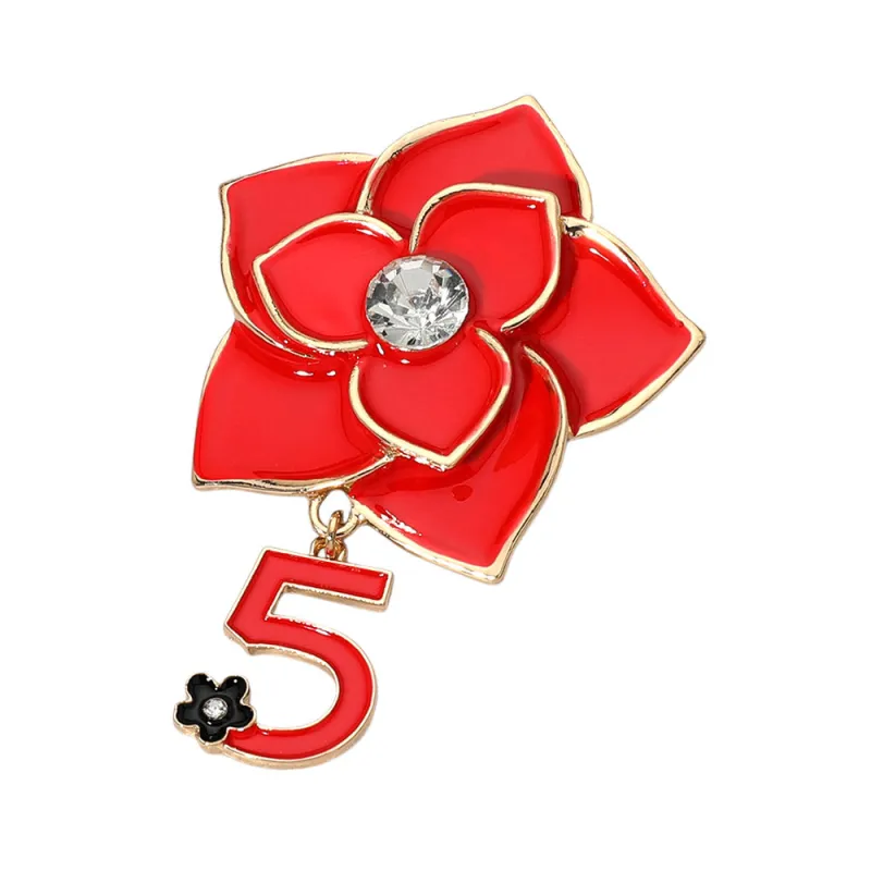 GOLD RED FLOWER BROOCH DANGLING 5 CHARMS ( 2117 GDRED ) sold by Oh My Jewelry