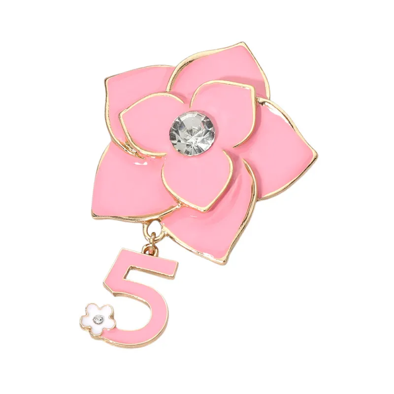 GOLD PINK FLOWER BROOCH DANGLING 5 CHARMS ( 2117 GDPNK ) sold by Oh My Jewelry
