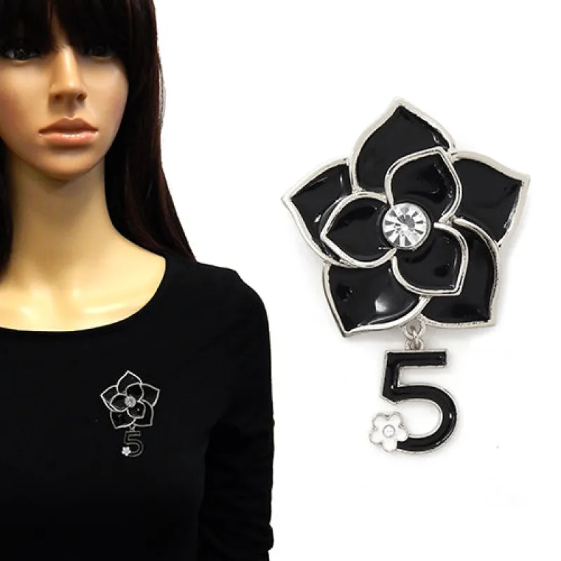 SILVER BLACK FLOWER BROOCH DANGLING 5 CHARMS ( 2117 RDBLK ) sold by Oh My Jewelry