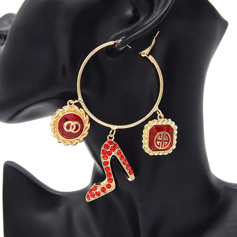 GOLD HOOP EARRINGS HEART CHARMS RED STONES ( 8202 GDRED ) sold by Oh My Jewelry