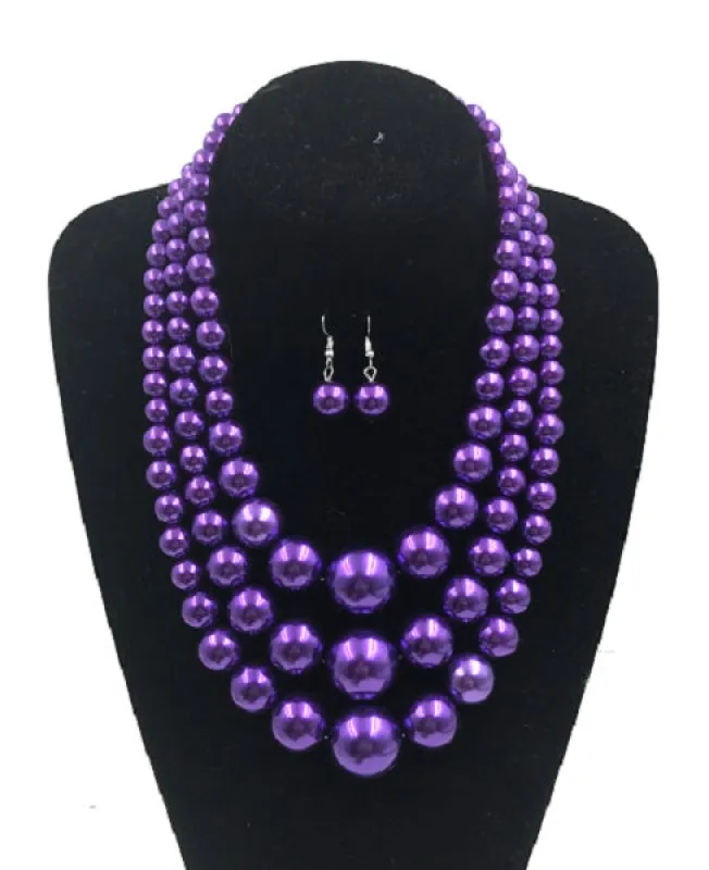 Purple Pearl Beaded Multi Size 3 Layer Necklace with Earrings ( 0059-3pu ) sold by Oh My Jewelry