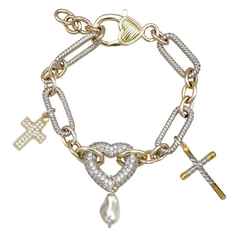 14K GOLD PLATED BRACELET HEART CROSS CZ STONES ( 1098 B ) sold by Oh My Jewelry