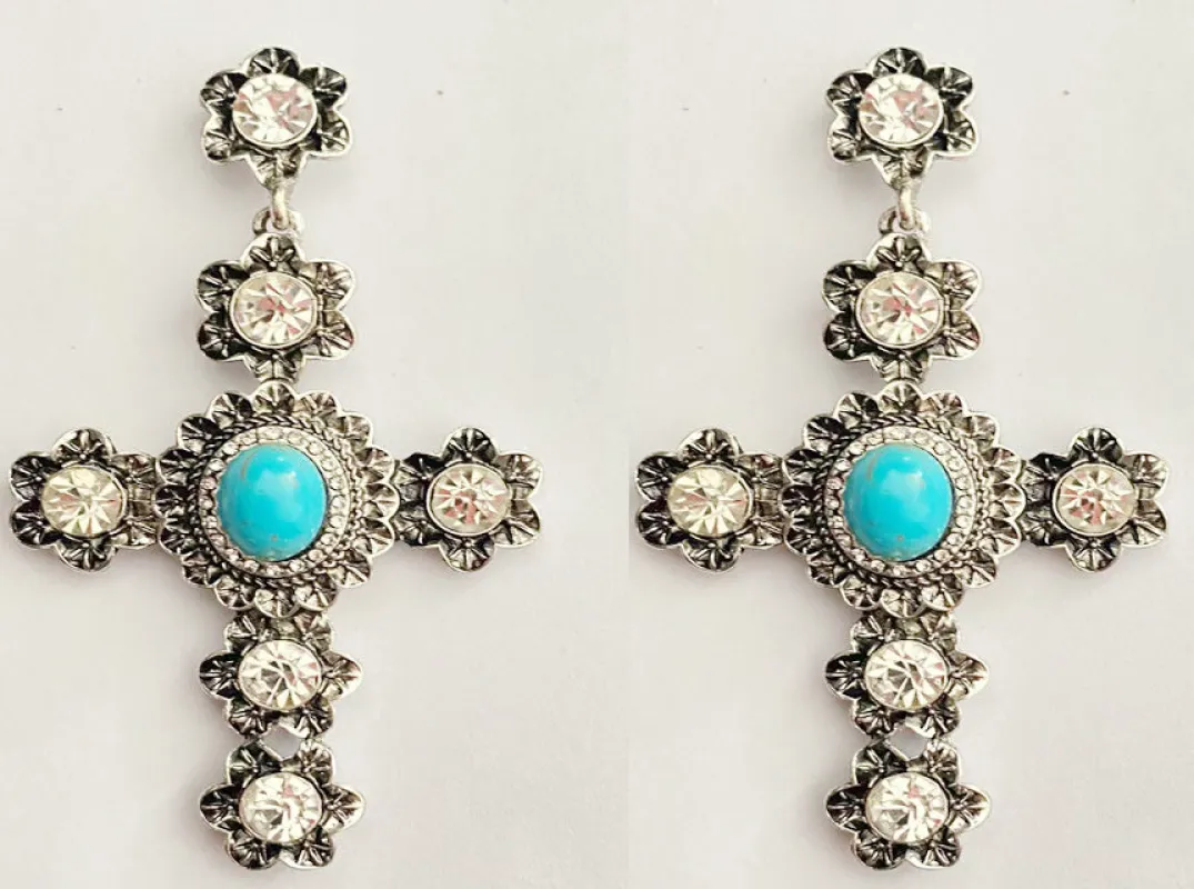 Silver Cross Earrings Turquoise Clear Stones ( 7204 SBTQ ) made by Oh My Jewelry
