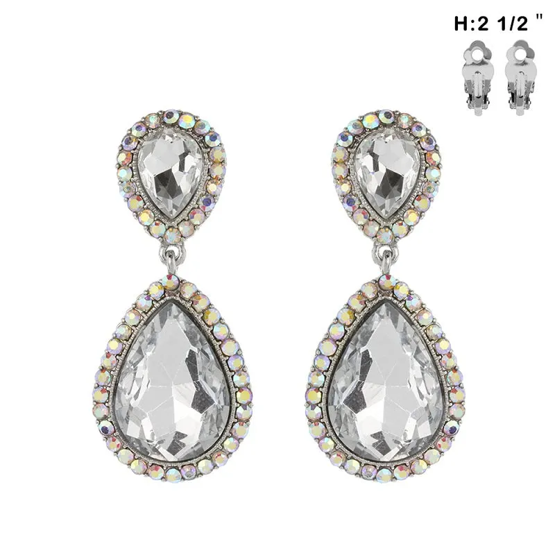 2.5" SILVER CLEAR AB Teardrop CLIP ON Earrings ( 19 RCA ) sold by Oh My Jewelry