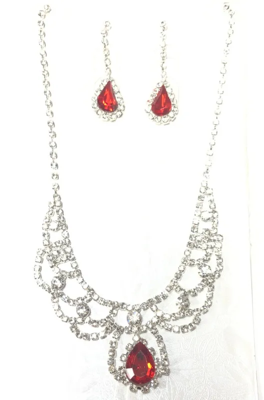 SILVER NECKLACE SET CLEAR RED STONES ( 1180 SVRE ) sold by Oh My Jewelry