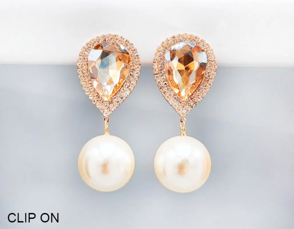 GOLD CLIP ON EARRINGS CLEAR TOPAZ STONES CREAM PEARLS ( 2506 GDLTOP ) sold by Oh My Jewelry