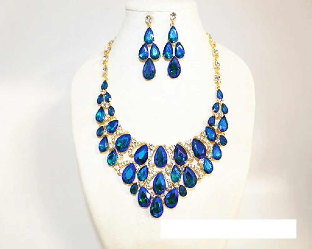 GOLD NECKLACE SET BLUE CLEAR STONES ( 1017 GBLAB ) sold by Oh My Jewelry