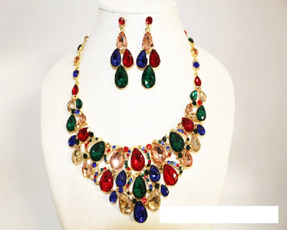 GOLD NECKLACE SET MULTI COLOR STONES ( 1017 GMUT ) sold by Oh My Jewelry