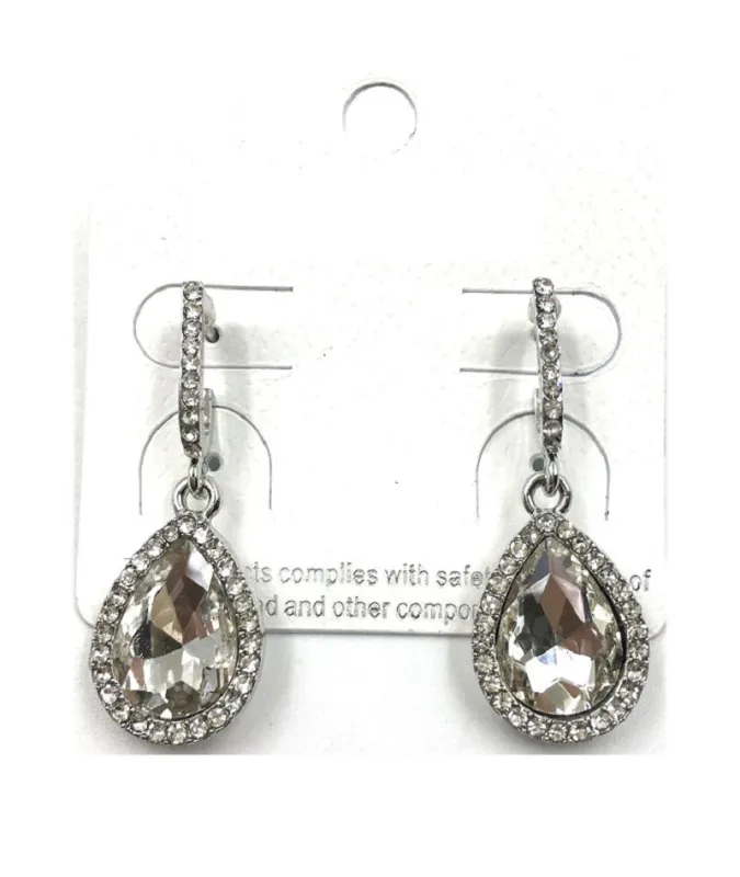 1.5" SILVER DANGLING TEARDROP EARRINGS CLEAR STONES ( 0247 3C ) made by Oh My Jewelry