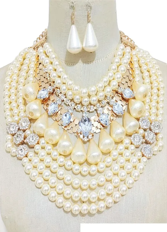 GOLD NECKLACE SET CREAM PEARLS CLEAR STONES ( 3527 GPCRMCL ) sold by Oh My Jewelry