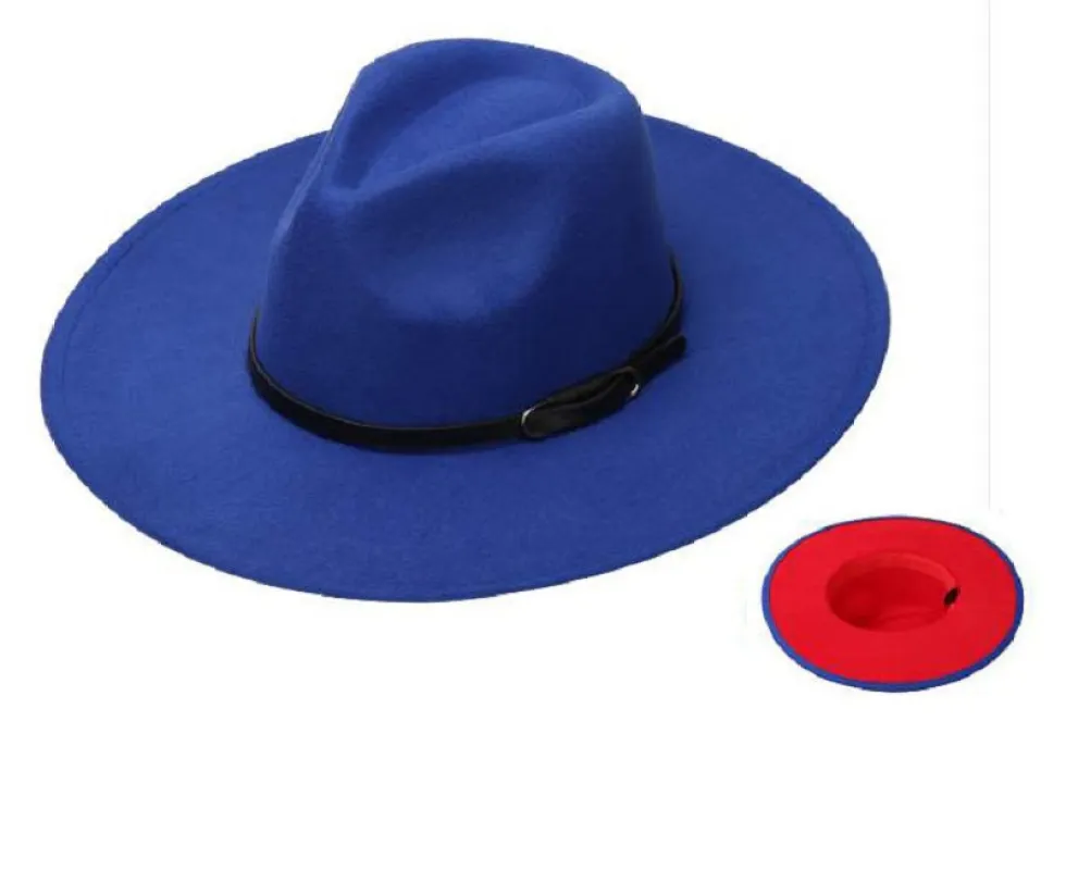 BLUE FELT HAT WIDE BRIM RED BOTTOM LEATHER TRIM ( 0310 RBRD ) sold by Oh My Jewelry