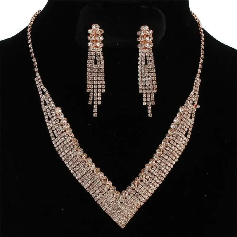 ROSE GOLD CLEAR RHINESTONE V SHAPE NECKLACE SET ( 0118 13C ) sold by Oh My Jewelry