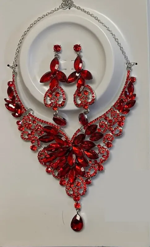SILVER NECKLACE SET RED STONES ( 014274 SRD ) made by Oh My Jewelry
