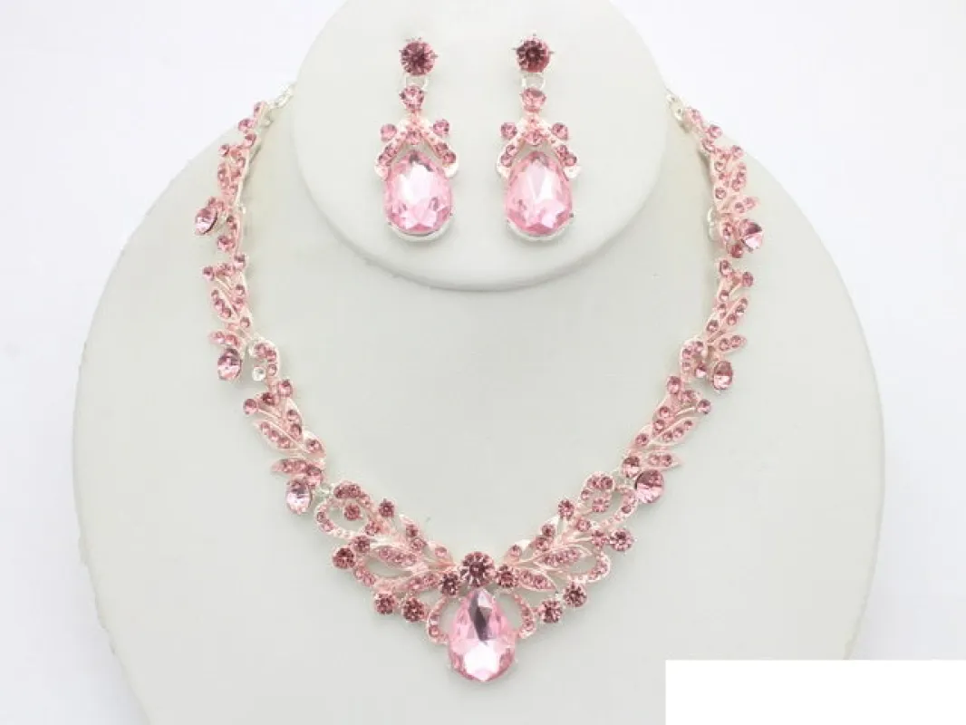 SILVER PINK NECKLACE SET ( 20995 SLROS ) made by Oh My Jewelry