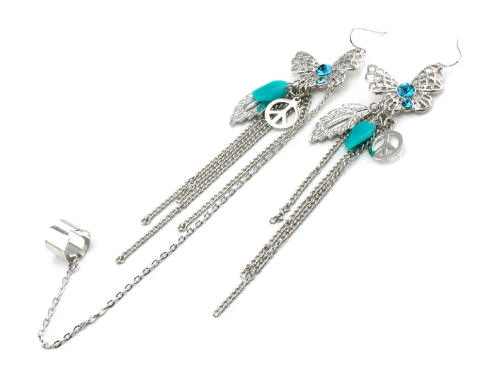 DANGLING SILVER TURQUOISE EARRINGS BUTTERFLY ( 926 RHTQ ) made by Oh My Jewelry